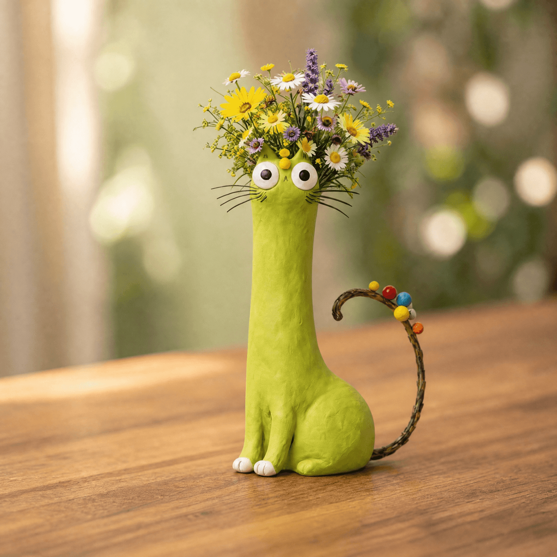 Jarrón para flores de cerámica hecho a mano con forma de gato