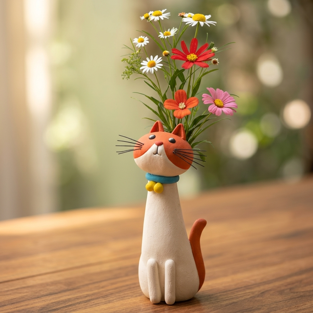 Jarrón para flores de cerámica hecho a mano con forma de gato