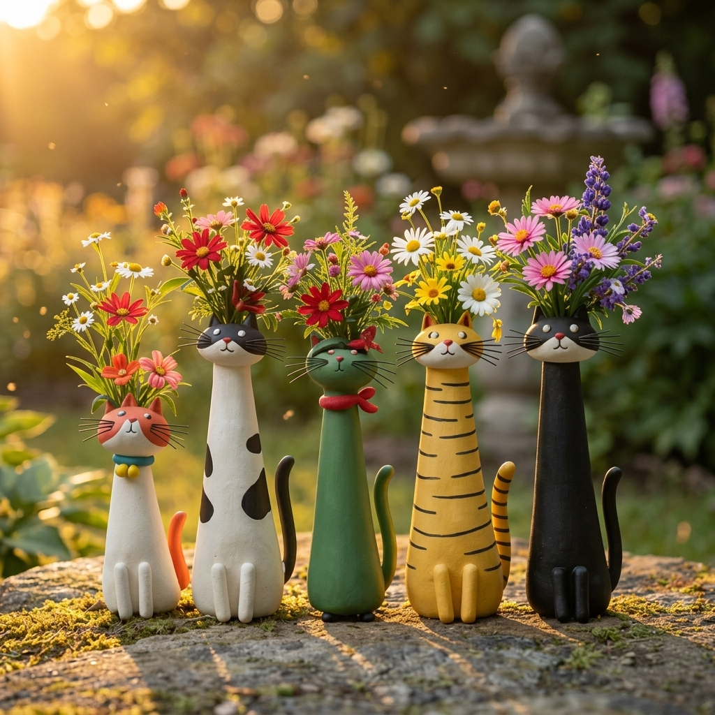 Jarrón para flores de cerámica hecho a mano con forma de gato