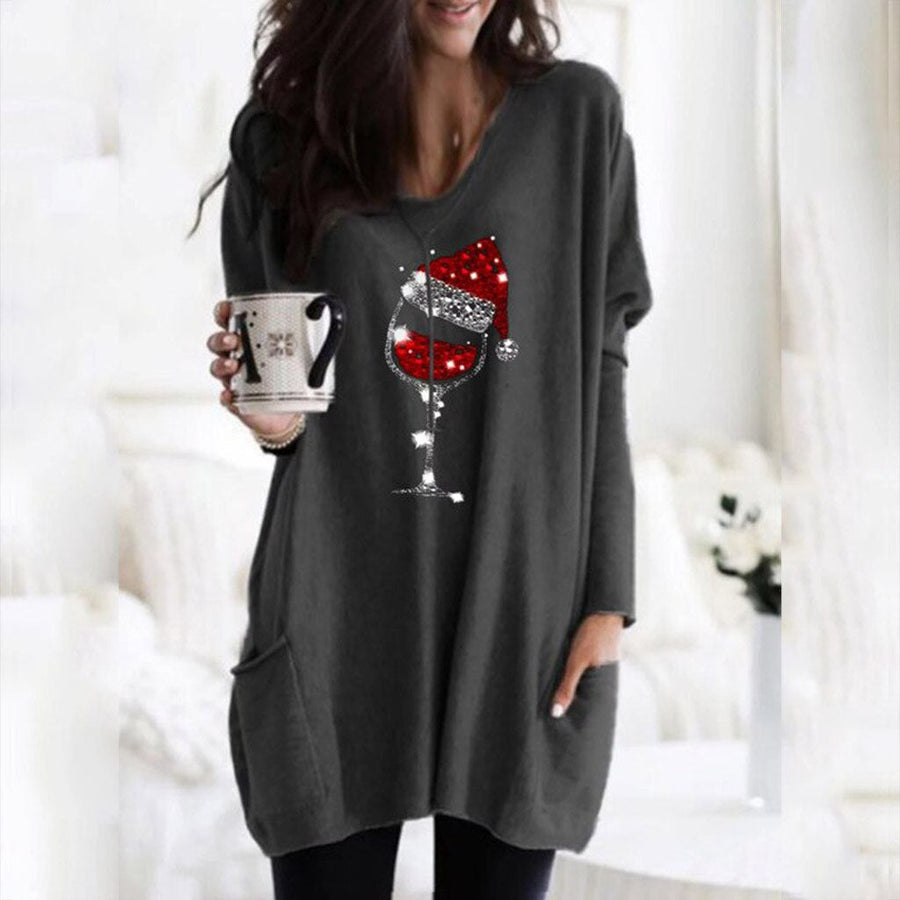 Jersey casual para mujer con estampado de copa de vino y gorro de Navidad