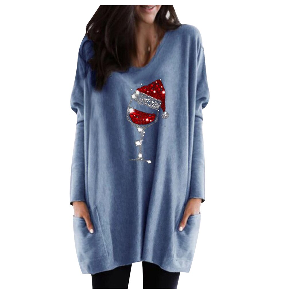 Jersey casual para mujer con estampado de copa de vino y gorro de Navidad