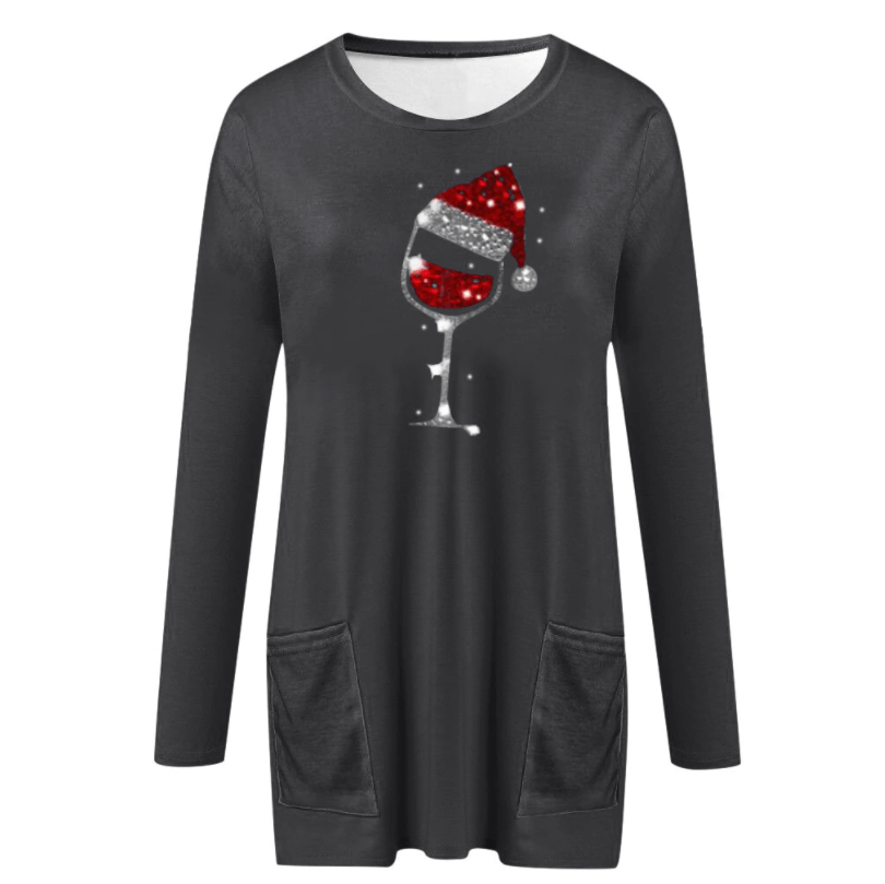 Jersey casual para mujer con estampado de copa de vino y gorro de Navidad