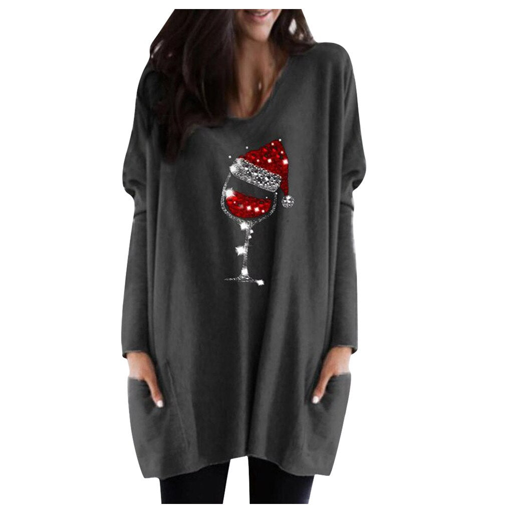 Jersey casual para mujer con estampado de copa de vino y gorro de Navidad