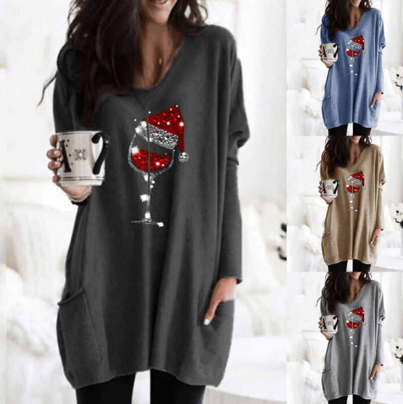 Jersey casual para mujer con estampado de copa de vino y gorro de Navidad