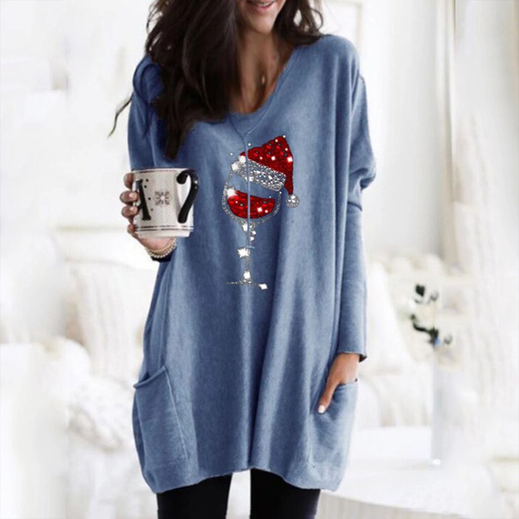 Jersey casual para mujer con estampado de copa de vino y gorro de Navidad