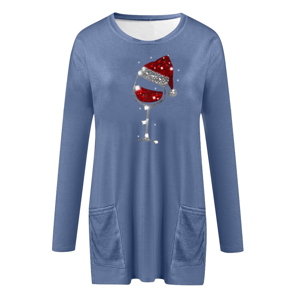 Jersey casual para mujer con estampado de copa de vino y gorro de Navidad