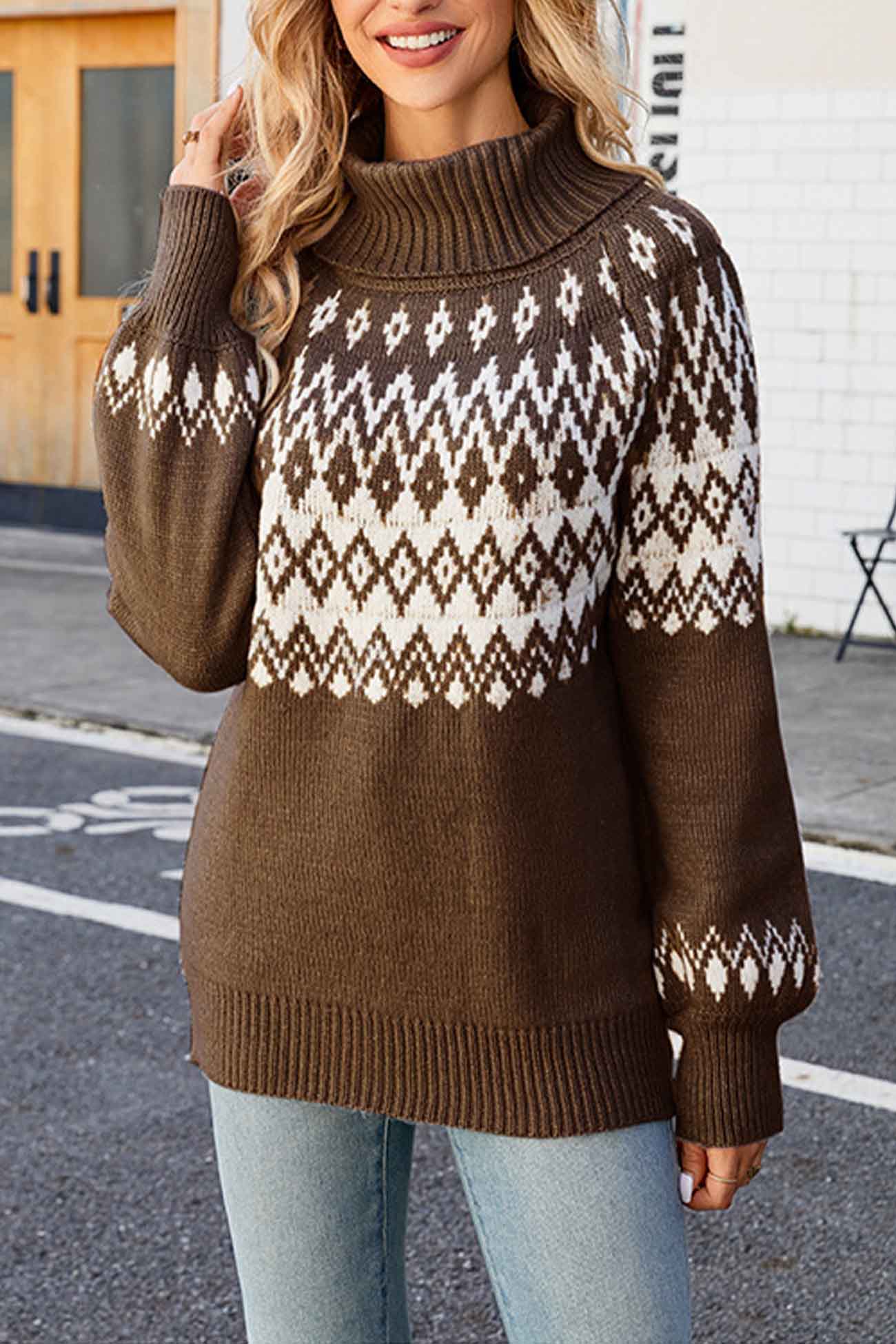 Jersey de cuello alto con estampado Fair Isle para mujer