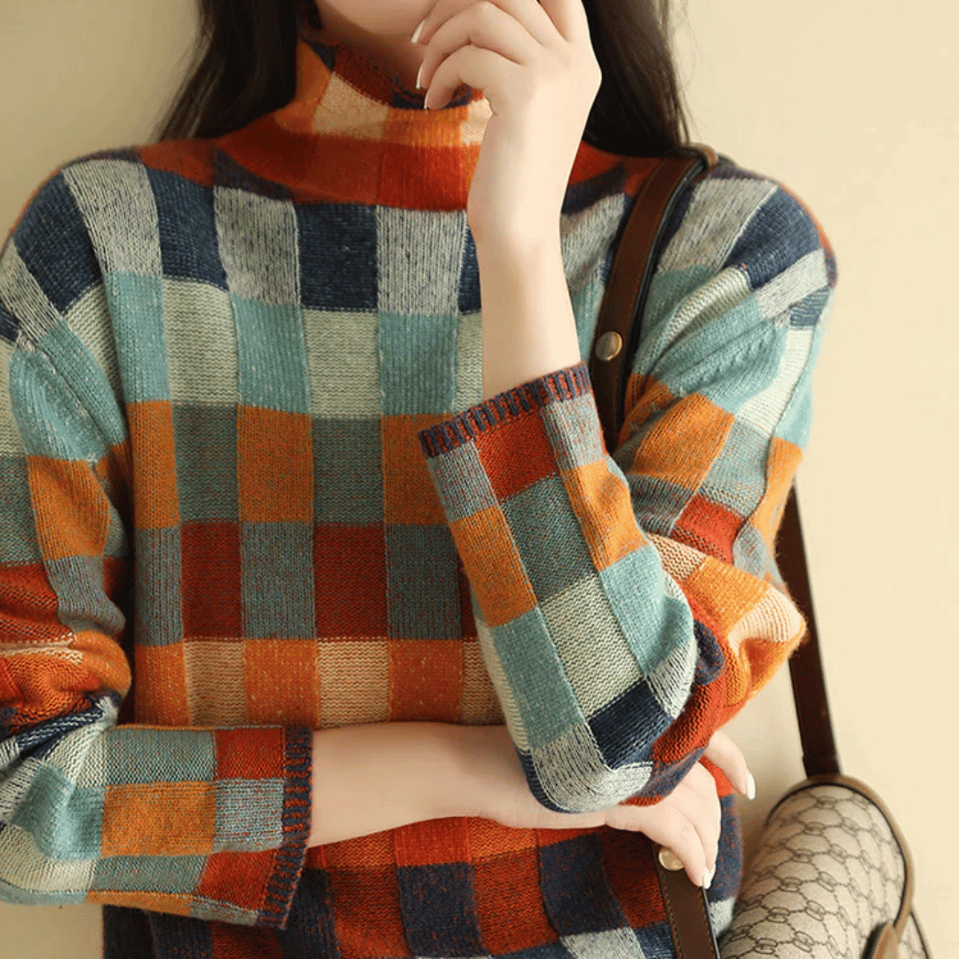 Jersey de cuello alto de cachemira suave | Elegante diseño estilo patchwork