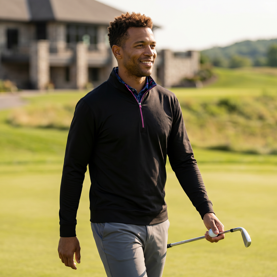 Jersey de golf para hombre con cremallera de un cuarto, elástico en 4 direcciones y de secado rápido