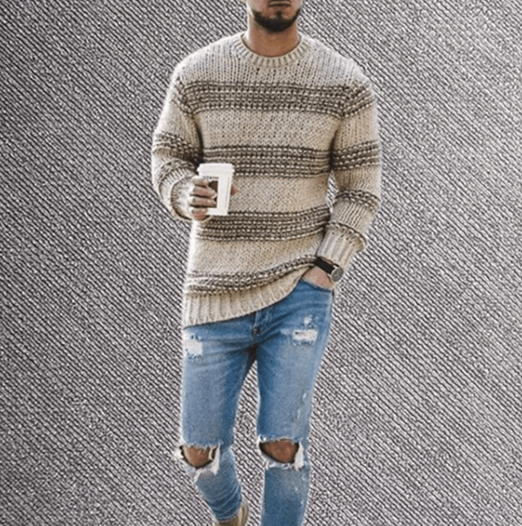 Jersey de punto a rayas para hombre con cuello redondo y manga larga