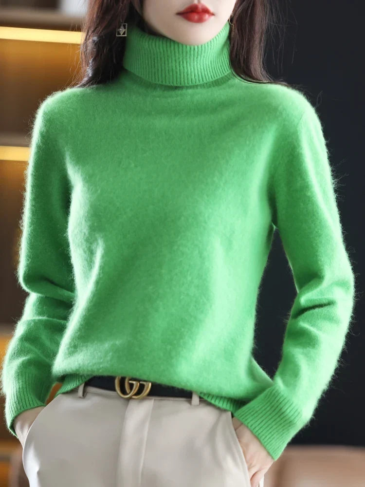 Jersey de Punto con Cuello Alto para Mujer de 100% Cachemira, Cálido y Ajustado, Disponible en 23 Colores