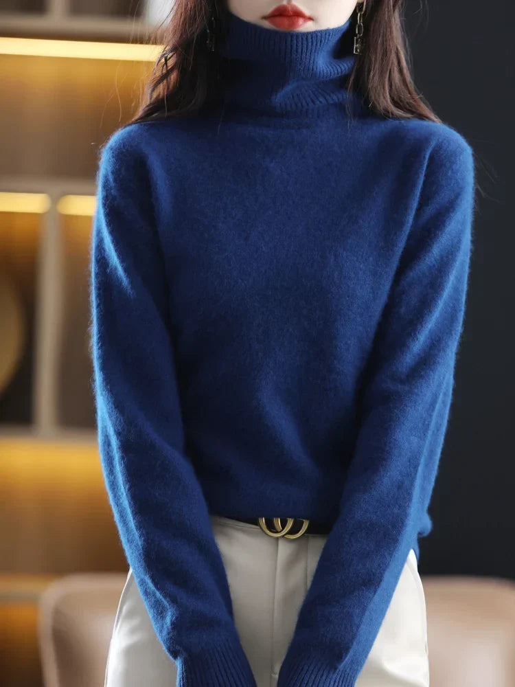 Jersey de Punto con Cuello Alto para Mujer de 100% Cachemira, Cálido y Ajustado, Disponible en 23 Colores
