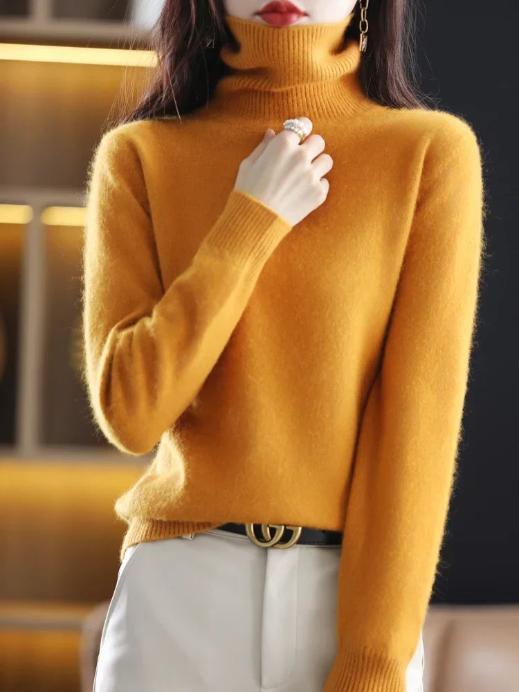 Jersey de Punto con Cuello Alto para Mujer de 100% Cachemira, Cálido y Ajustado, Disponible en 23 Colores