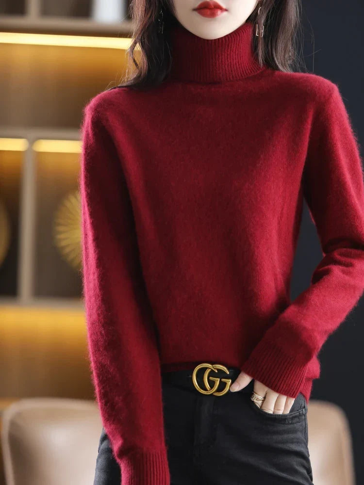 Jersey de Punto con Cuello Alto para Mujer de 100% Cachemira, Cálido y Ajustado, Disponible en 23 Colores