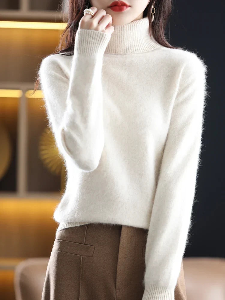 Jersey de Punto con Cuello Alto para Mujer de 100% Cachemira, Cálido y Ajustado, Disponible en 23 Colores