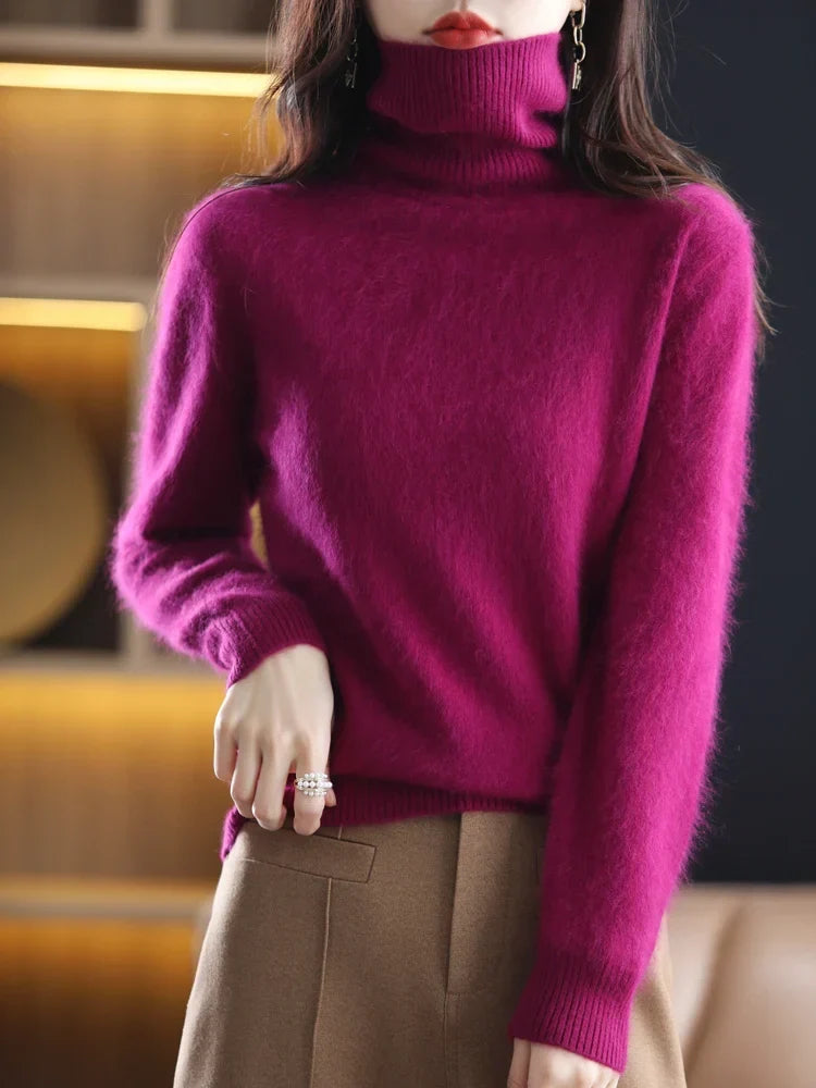 Jersey de Punto con Cuello Alto para Mujer de 100% Cachemira, Cálido y Ajustado, Disponible en 23 Colores