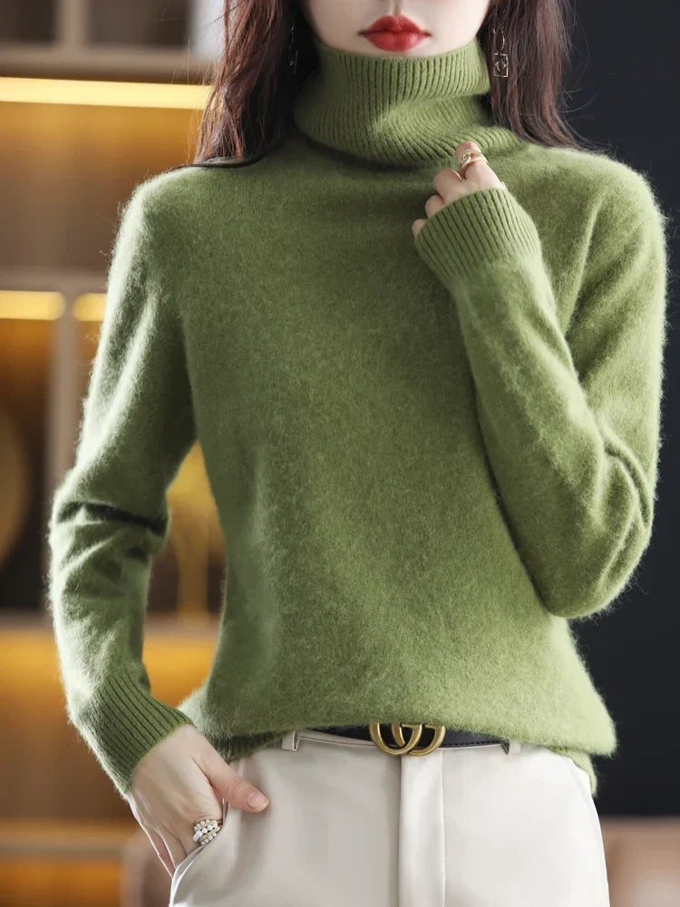 Jersey de Punto con Cuello Alto para Mujer de 100% Cachemira, Cálido y Ajustado, Disponible en 23 Colores