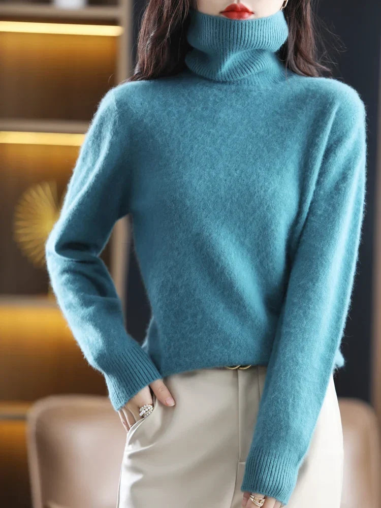 Jersey de Punto con Cuello Alto para Mujer de 100% Cachemira, Cálido y Ajustado, Disponible en 23 Colores