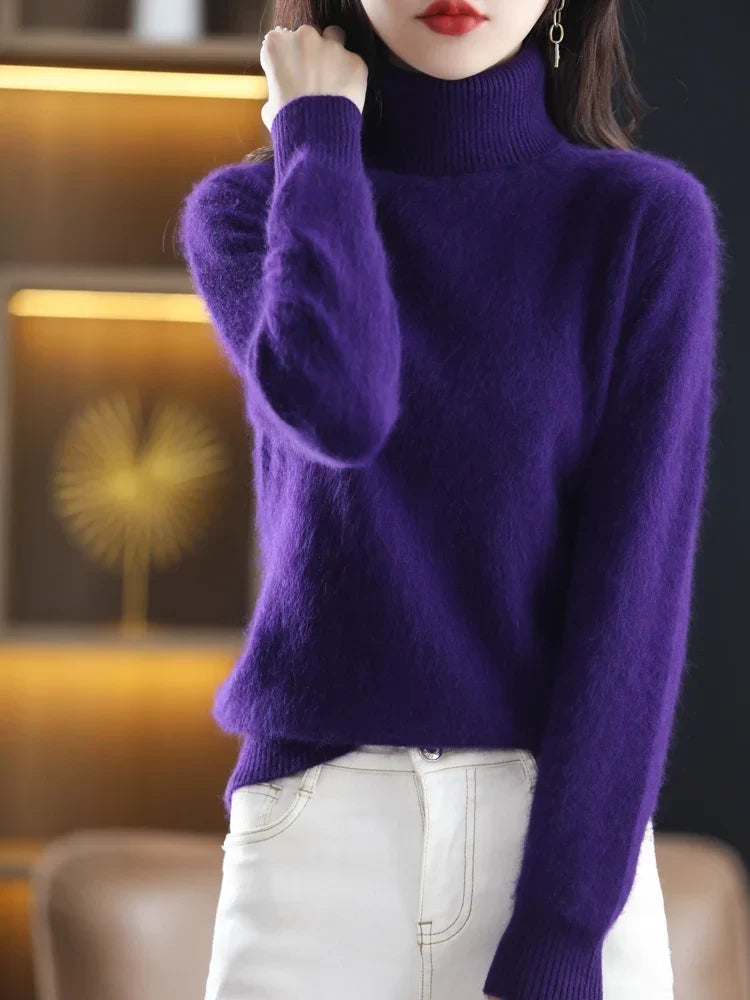 Jersey de Punto con Cuello Alto para Mujer de 100% Cachemira, Cálido y Ajustado, Disponible en 23 Colores