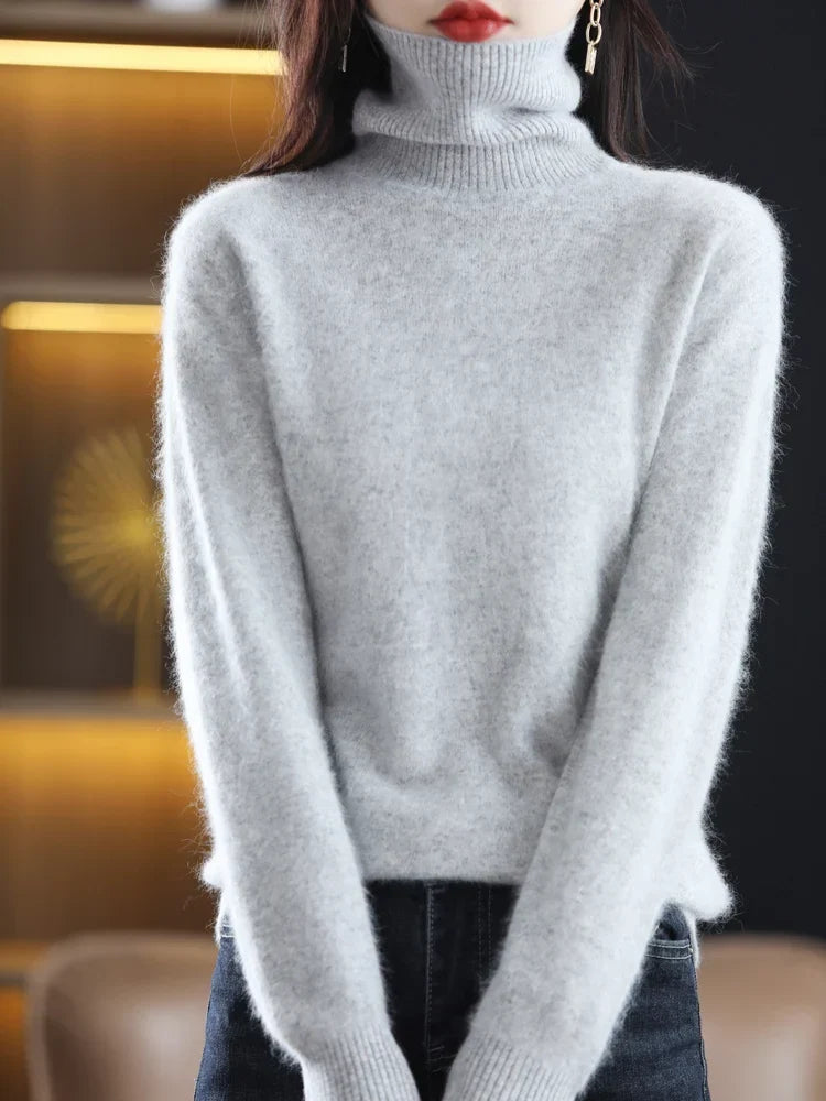 Jersey de Punto con Cuello Alto para Mujer de 100% Cachemira, Cálido y Ajustado, Disponible en 23 Colores