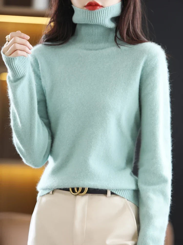 Jersey de Punto con Cuello Alto para Mujer de 100% Cachemira, Cálido y Ajustado, Disponible en 23 Colores