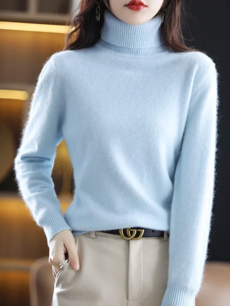 Jersey de Punto con Cuello Alto para Mujer de 100% Cachemira, Cálido y Ajustado, Disponible en 23 Colores