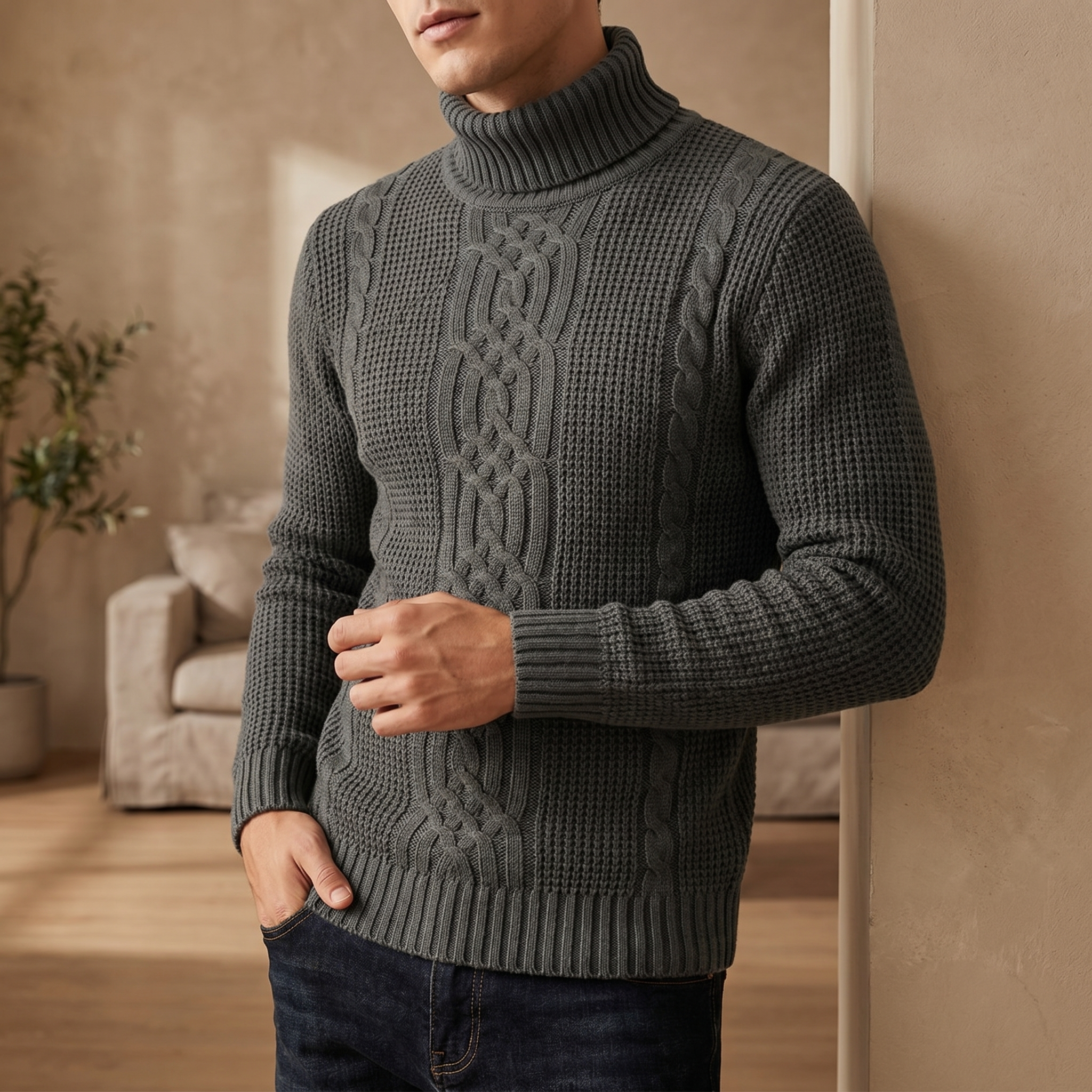 Jersey de punto de algodón para hombre con trenzado | Jersey de invierno cálido y casual