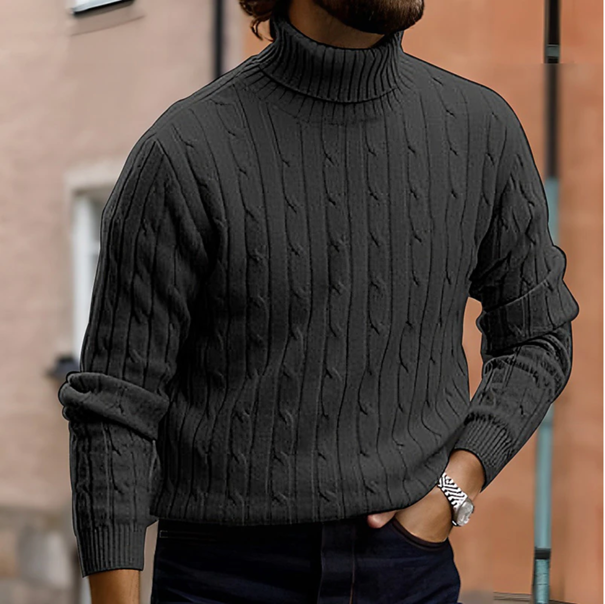 Jersey de Punto de Cuello Alto con Trenzas de Invierno para Hombre