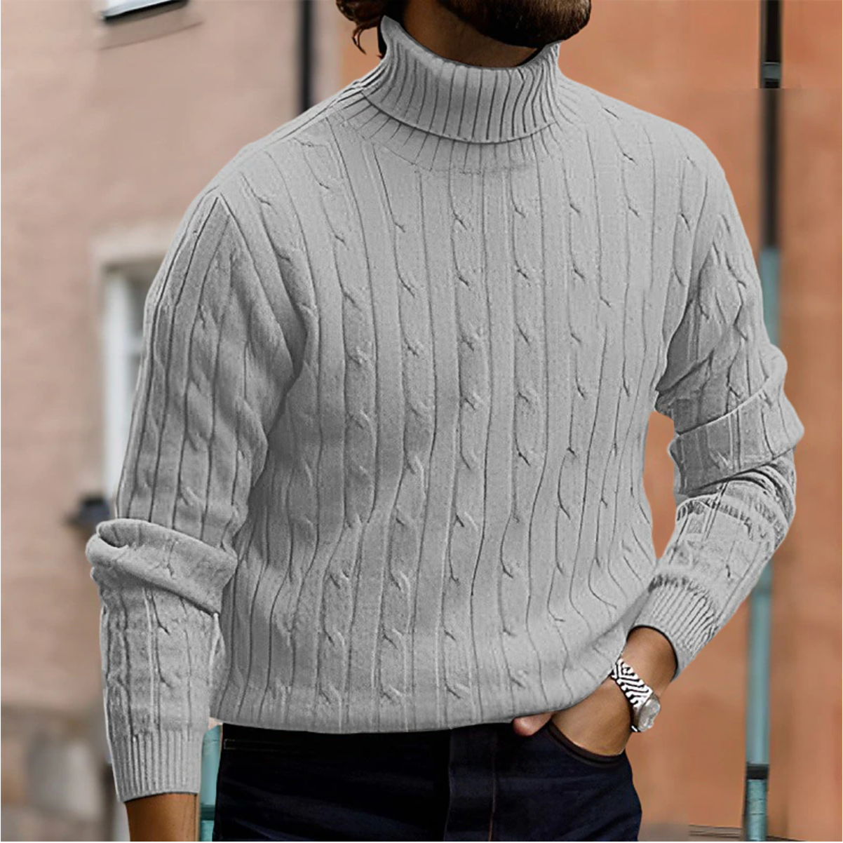 Jersey de Punto de Cuello Alto con Trenzas de Invierno para Hombre