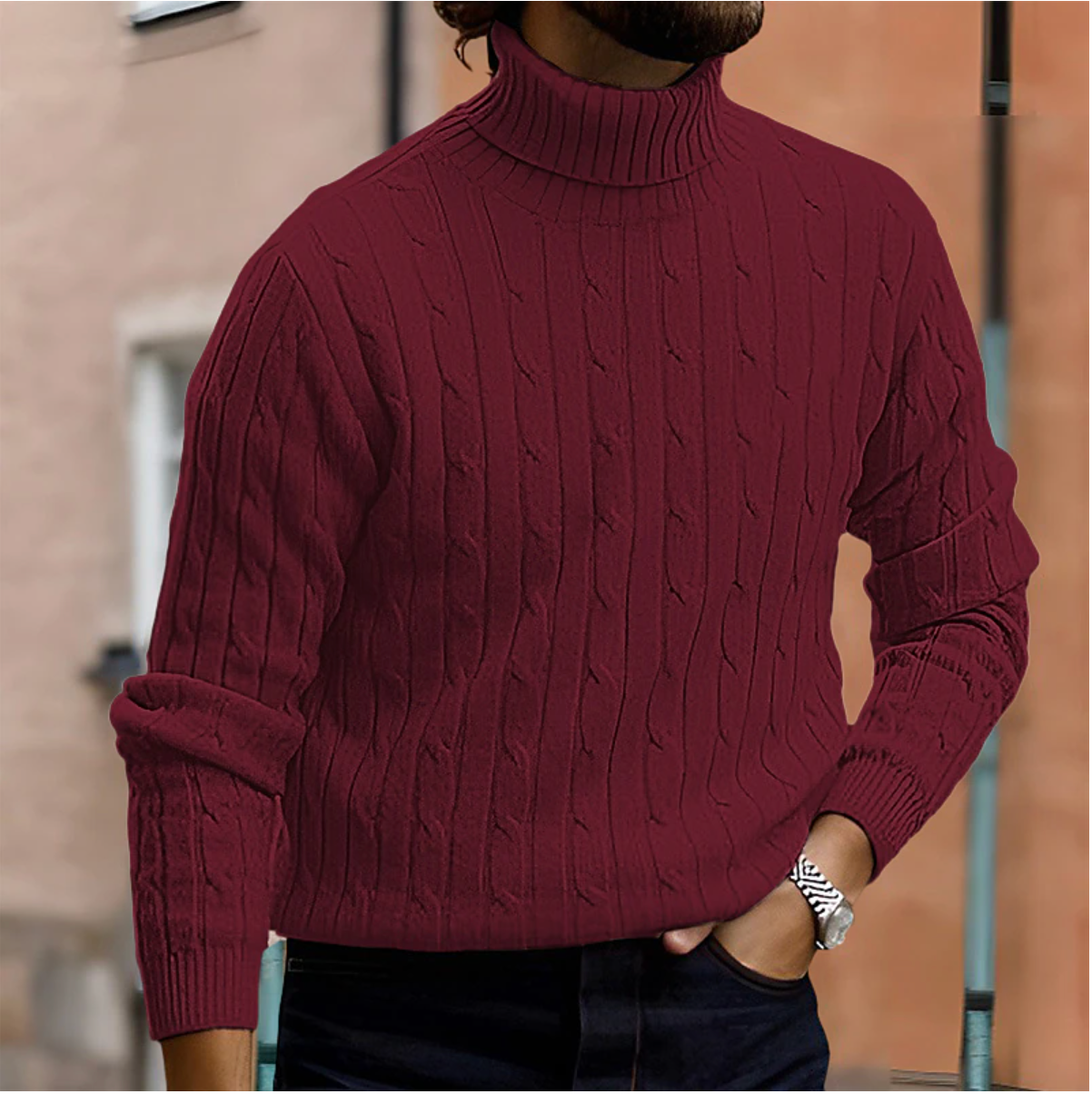 Jersey de Punto de Cuello Alto con Trenzas de Invierno para Hombre