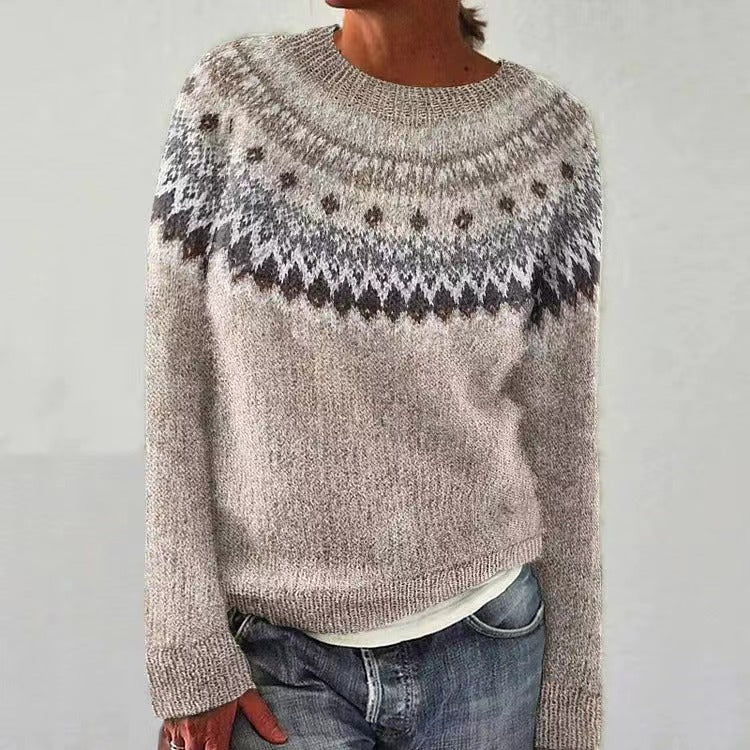 Jersey de punto de invierno con cuello redondo y estampado Fair Isle para mujer