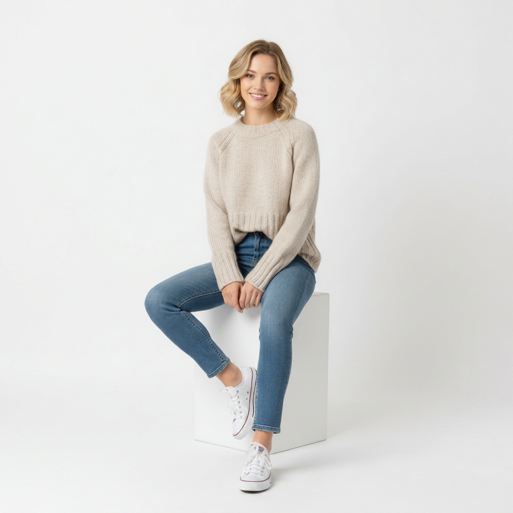 Jersey de punto grueso para mujer – Cuello redondo y corte holgado