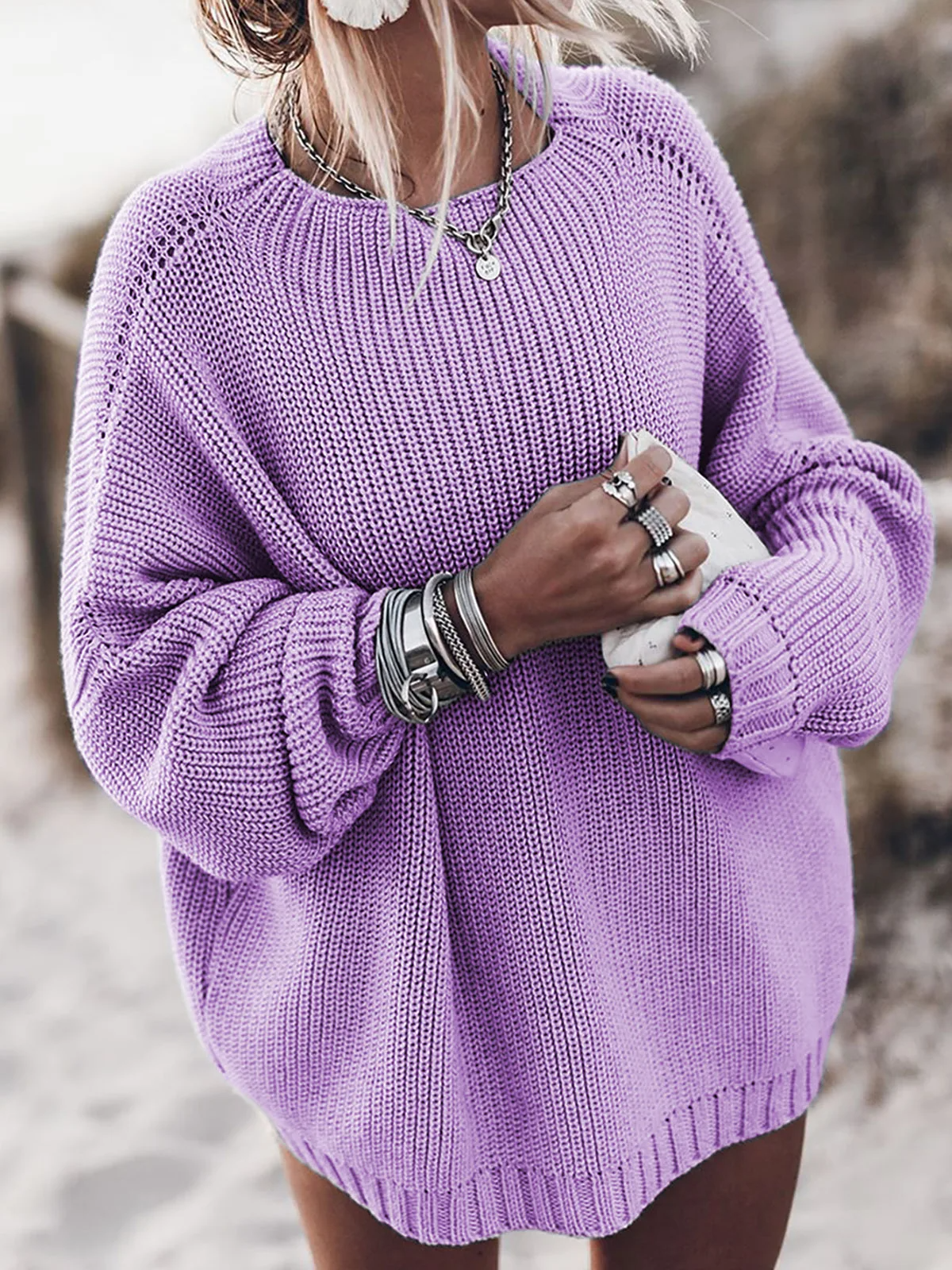 Jersey de punto oversized con cuello redondo para mujer