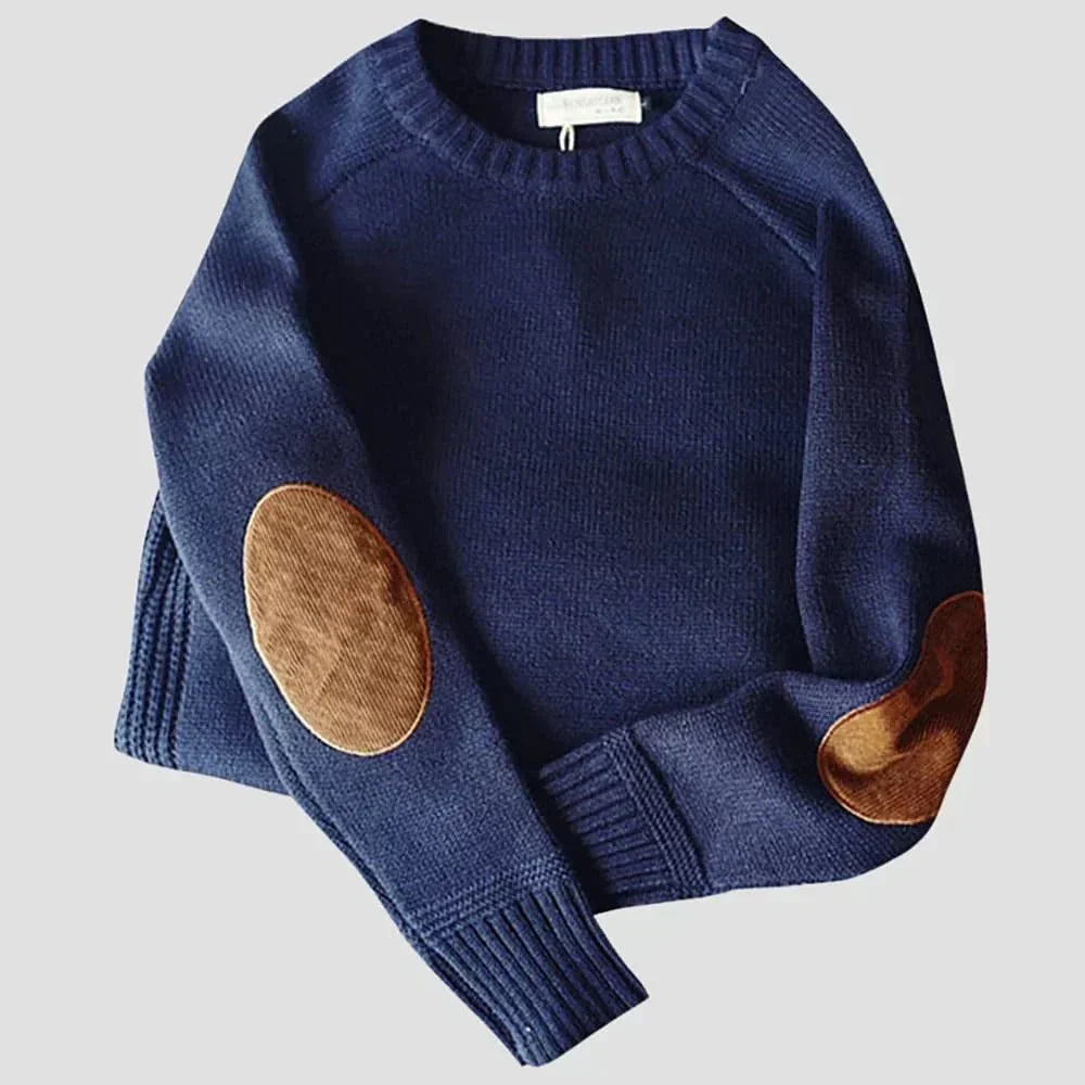 Jersey de punto para hombre con cuello redondo y coderas