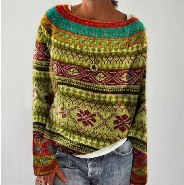 Jersey de punto para mujer con cuello redondo y estampado Fair Isle
