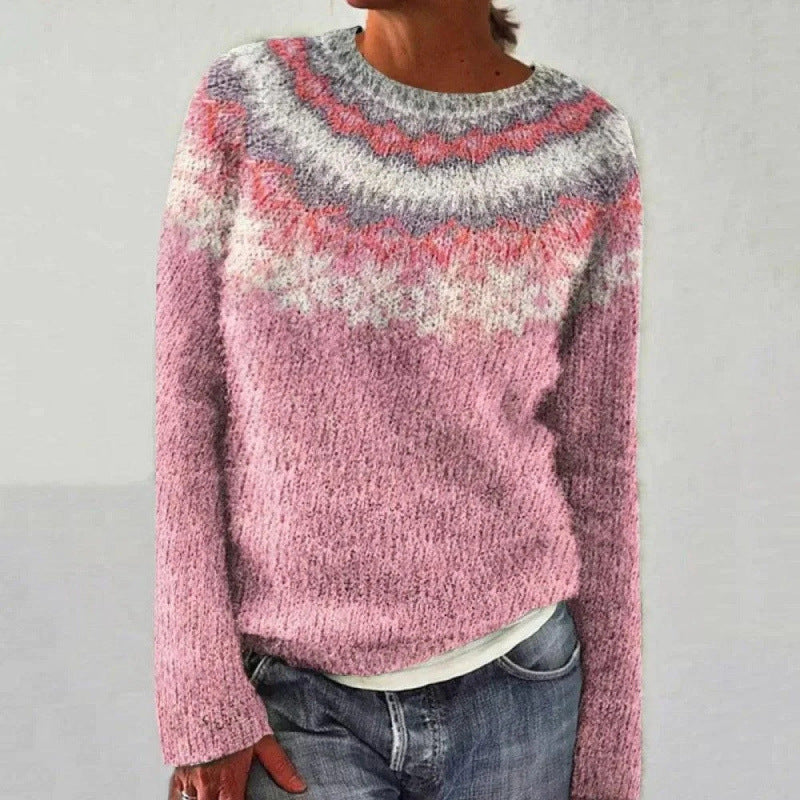 Jersey de punto para mujer con cuello redondo y estampado Fair Isle