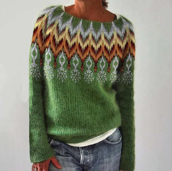 Jersey de punto para mujer con cuello redondo y estampado Fair Isle