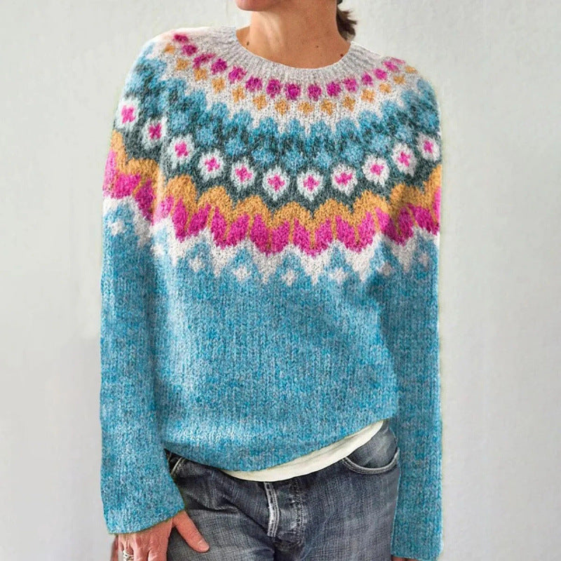 Jersey de punto para mujer con cuello redondo y estampado Fair Isle