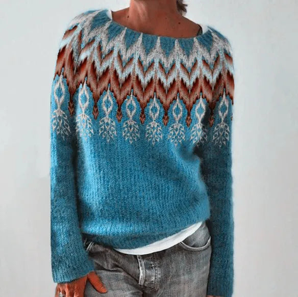 Jersey de punto para mujer con cuello redondo y estampado Fair Isle