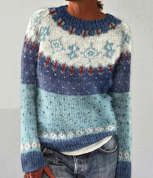 Jersey de punto para mujer con cuello redondo y estampado Fair Isle