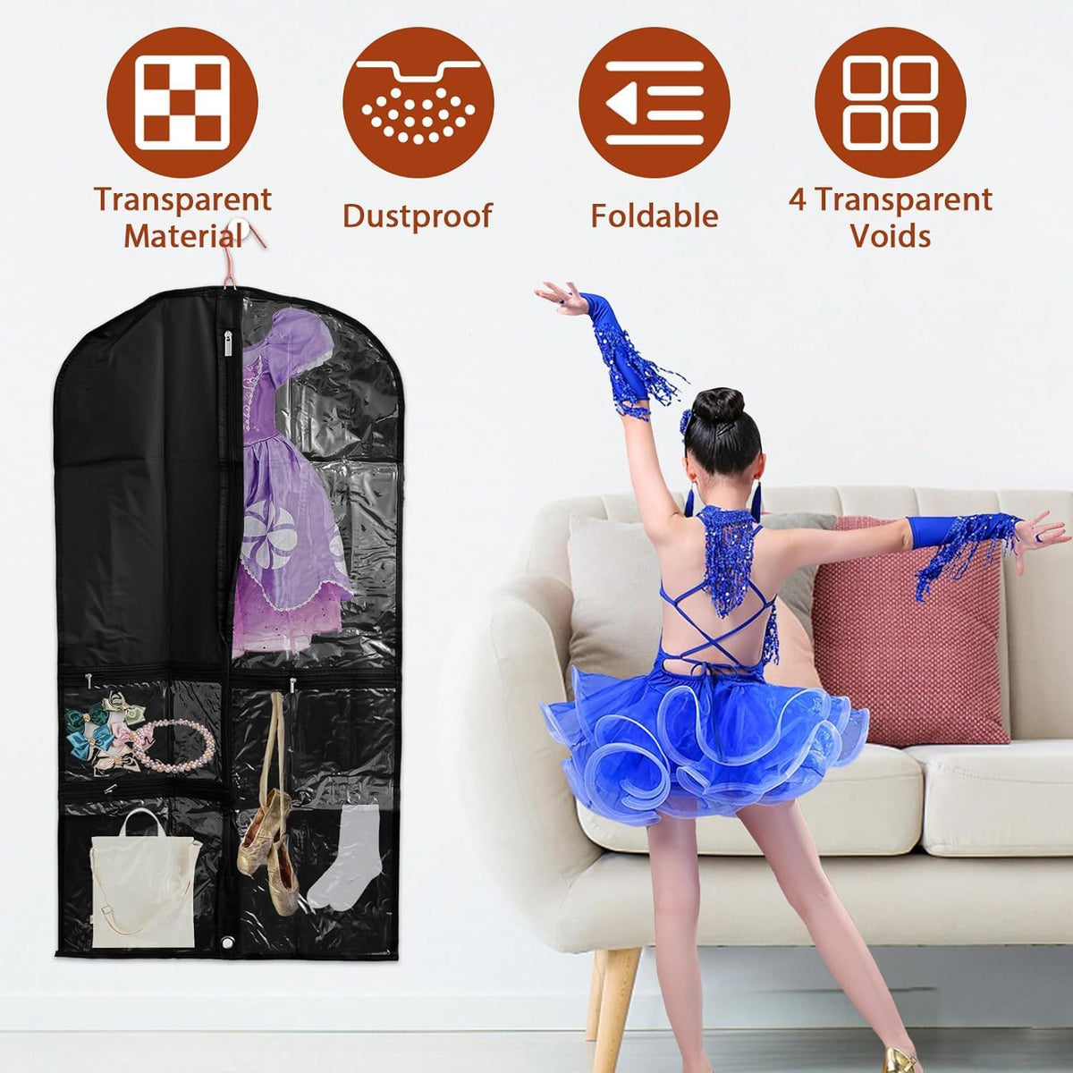Juego de 5 fundas portatrajes y para ropa unisex con bolsillos transparentes y ojal para plegar