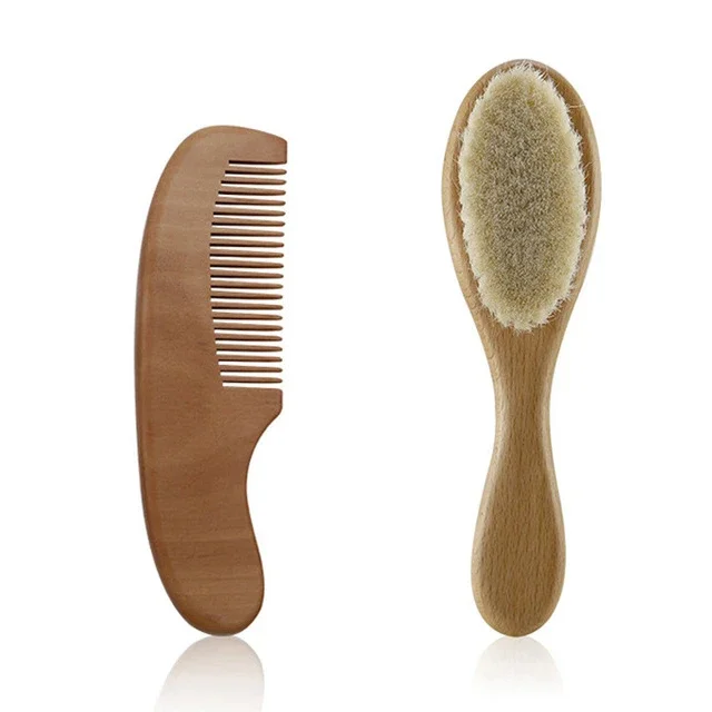 Juego de cepillos suaves para el pelo de bebé recién nacido de madera y pelo natural