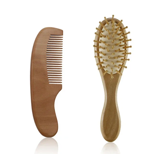 Juego de cepillos suaves para el pelo de bebé recién nacido de madera y pelo natural