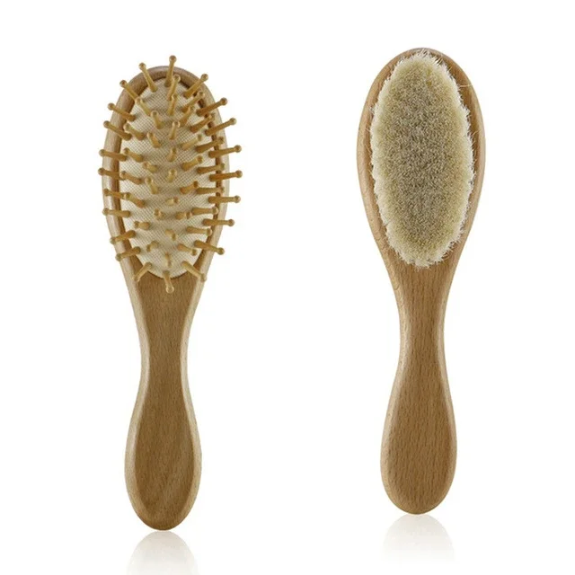 Juego de cepillos suaves para el pelo de bebé recién nacido de madera y pelo natural