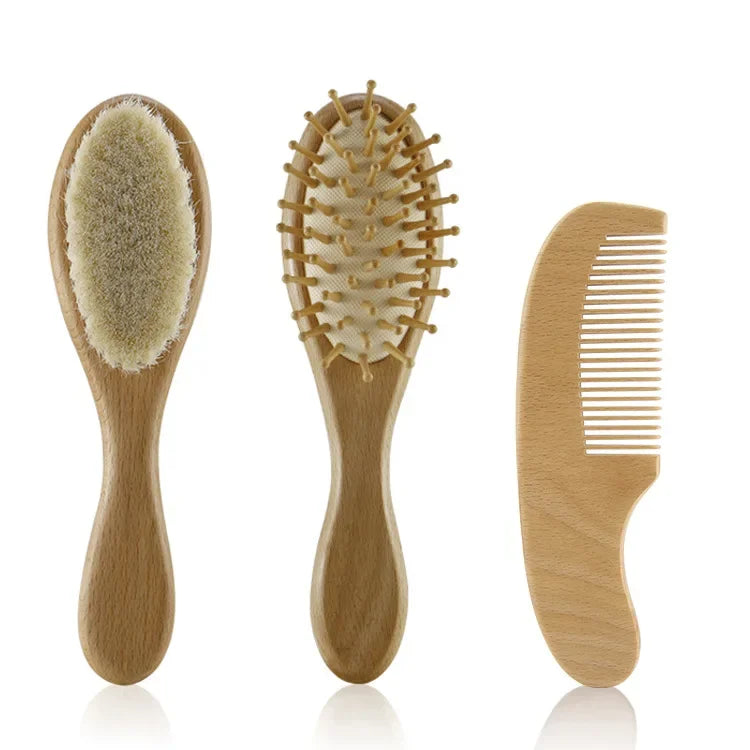 Juego de cepillos suaves para el pelo de bebé recién nacido de madera y pelo natural