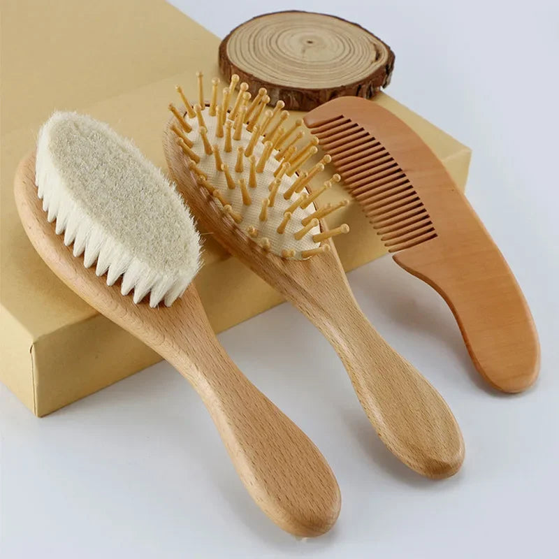 Juego de cepillos suaves para el pelo de bebé recién nacido de madera y pelo natural
