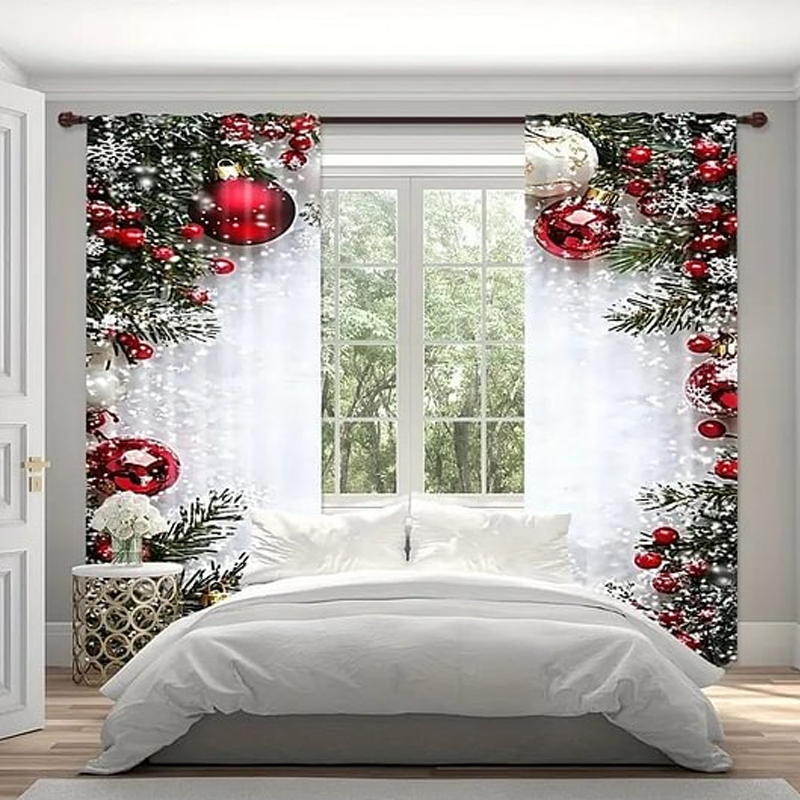 Juego de cortinas para ventana navideñas con diseño festivo de poliéster