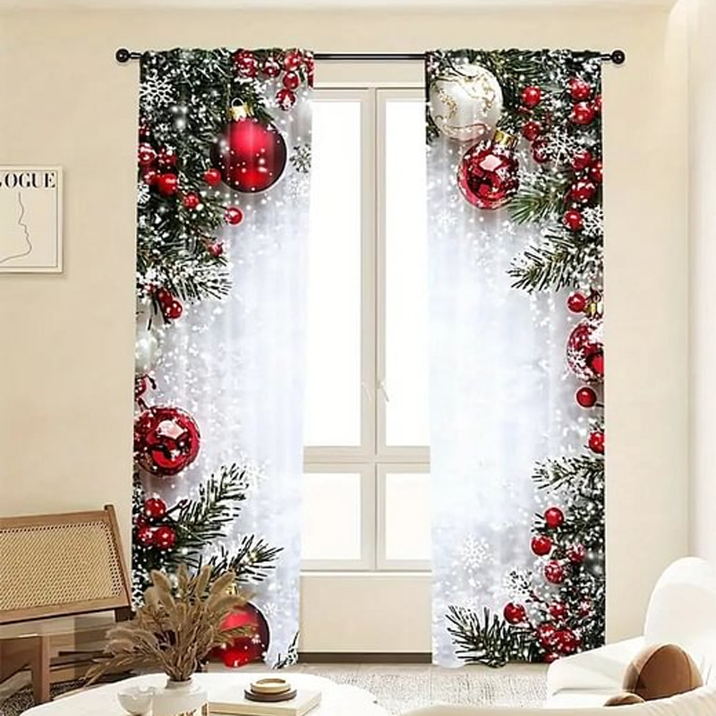 Juego de cortinas para ventana navideñas con diseño festivo de poliéster