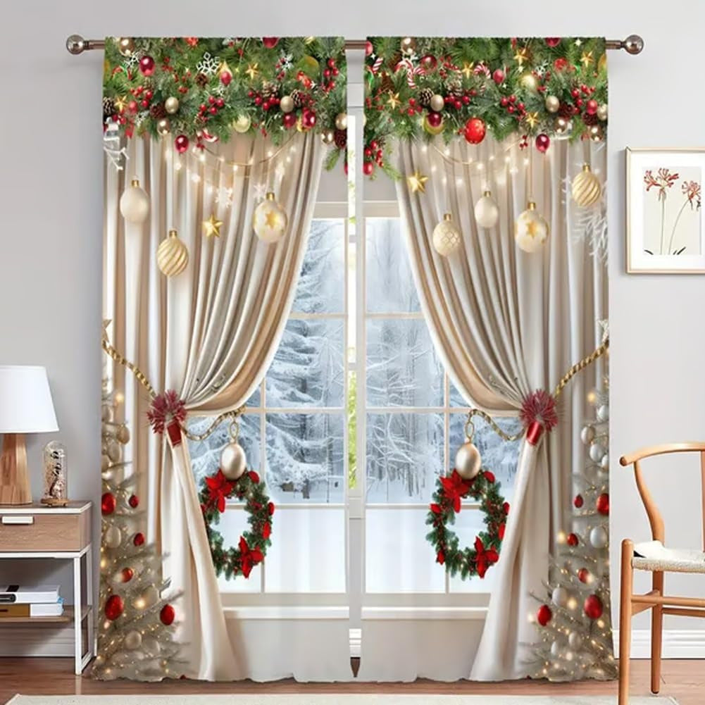 Juego de cortinas para ventana navideñas con diseño festivo de poliéster