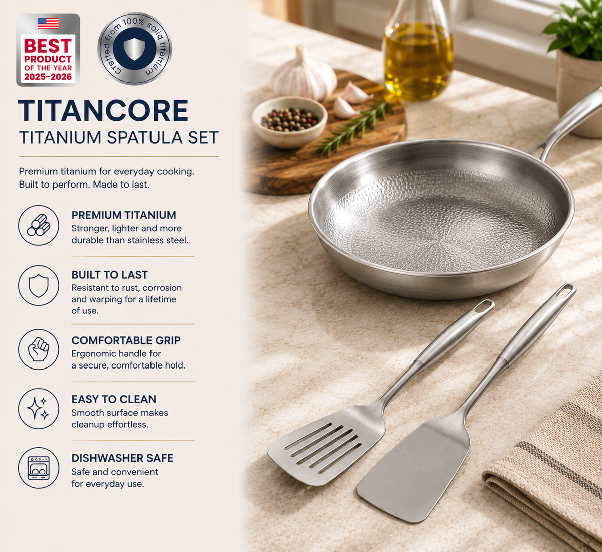 Juego de Espátulas de Cocina de Titanio Puro Versátiles para Altas Temperaturas